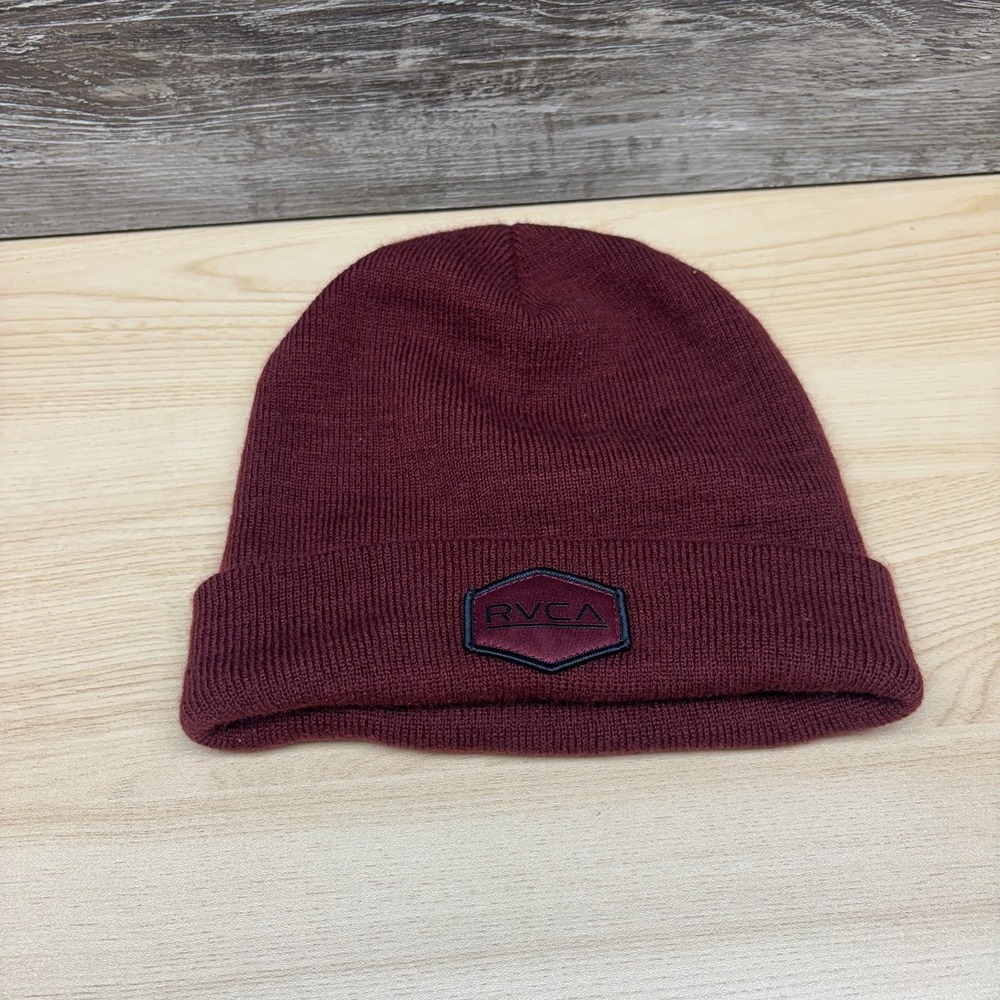 RVCA Hat Cap Beanie Burgundy Maroon Logo Patch Knit Winter Surf Skate Lifestyle